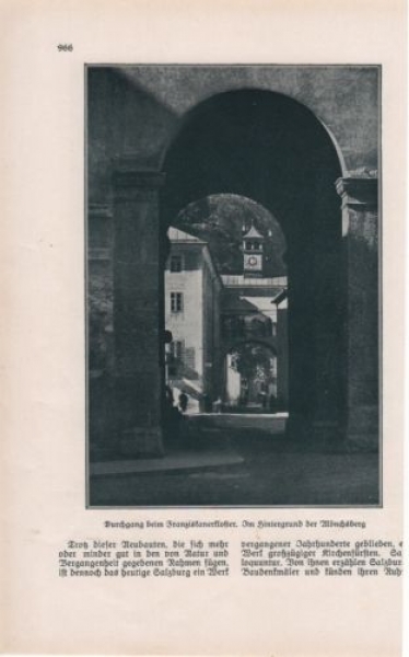 1927 - Durchgang beim Franziskanerkloster, im Hintergrund Mönchsberg, alter Druck